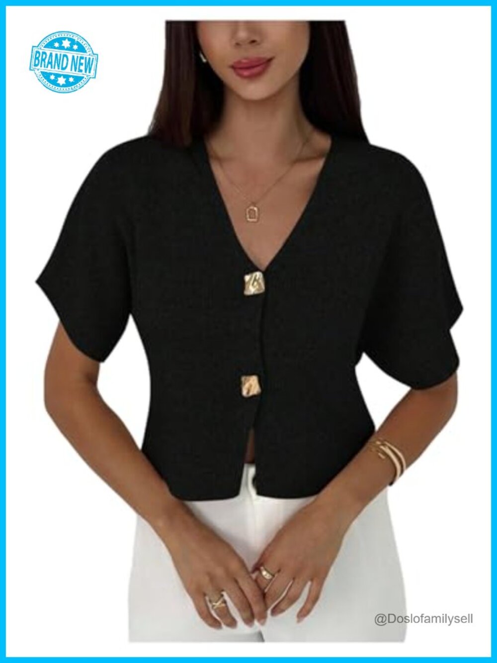 Short Sleeve V Neck Button Front Rib Knit Cardigan Sweater